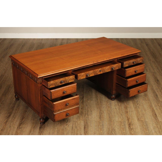 Gothic 1930 Walnut Carved Pedestal Executive Desk with Pull-Out Writing Slides For Sale - Image 3 of 18