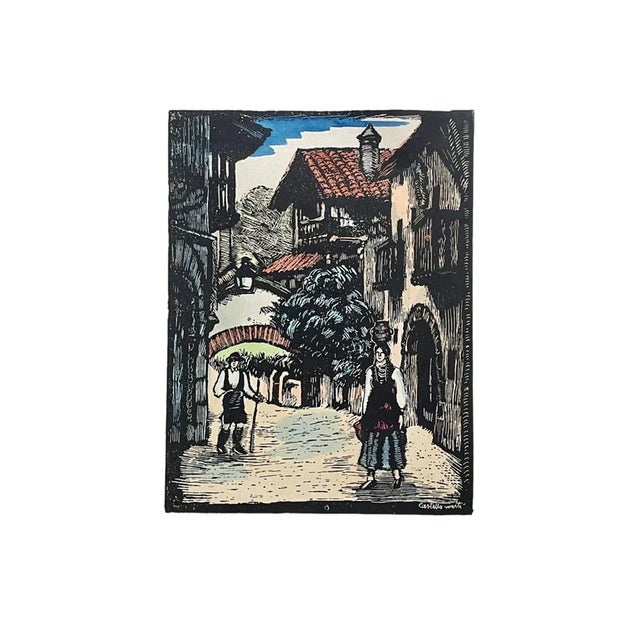 Mid-Century Modern Juan Castells Marti Lithograph, 1940s – Spanish Artist Woodcut Print – Color on Woven Paper – Spain Art – 14"x10" For Sale - Image 3 of 6
