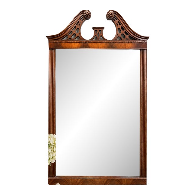 Antique Mahogany Georgian Revival Wall Mirror, Carved Plume Crest, 28x42 For Sale
