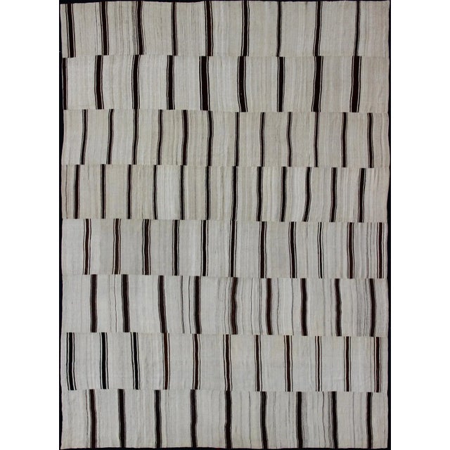Mid 20th Century Large Vintage Turkish Kilim Rug With Vertical Stripes in Cream and Brown Stripes For Sale - Image 13 of 13