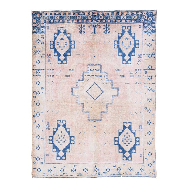 1960s Vintage Persian Distressed Handmade Medallion Pink Wool Rug For Sale