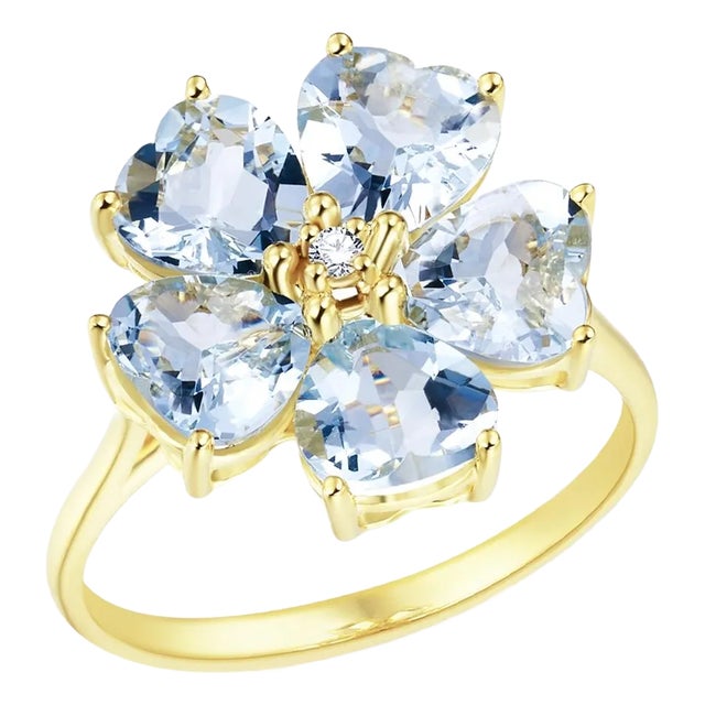 Nina Zhou Aquamarine Diamond Cherry Blossom Ring in 14k Yellow Gold, Size 6 For Sale