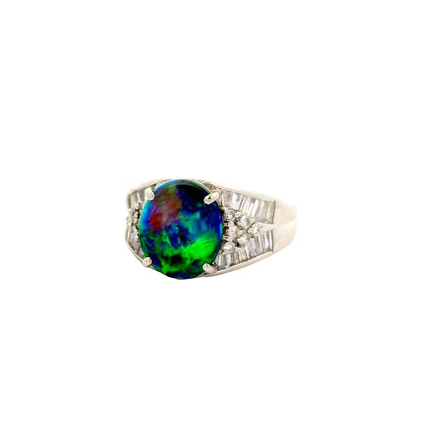 Platinum 2.57 Carat Australian Black Opal Diamond Platinum Ring, Size 9.5 For Sale - Image 8 of 9