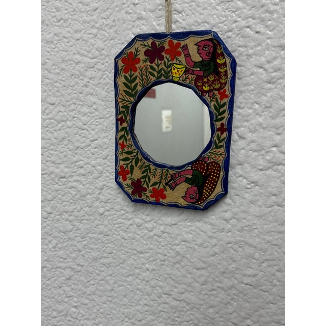 Red Mithila Folk Hand-Painted Art Wall Small Mirror For Sale - Image 8 of 12
