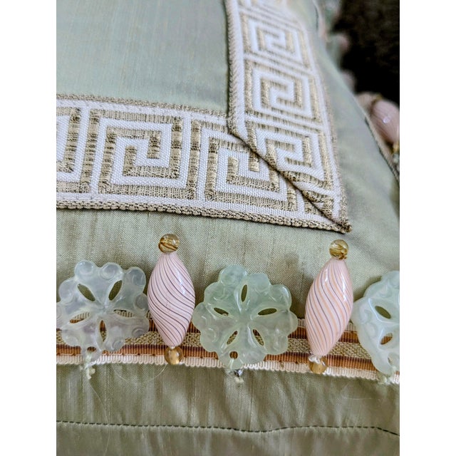Designer Silk and Embroidered Fabric With Greek Key Pattern Throw Pillows With Beaded Glass Fringe For Sale - Image 4 of 5