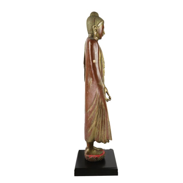 Religious 20th Century Thai Burmese Mandalay Style Standing Wooden Buddha Statue on Black Base For Sale - Image 3 of 11