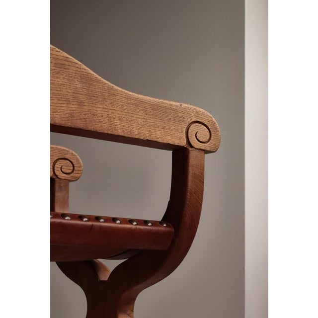 Danish Art Nouveau Cabinetmaker Armchair in Oak and Saddle Leather, 1920s For Sale - Image 16 of 17