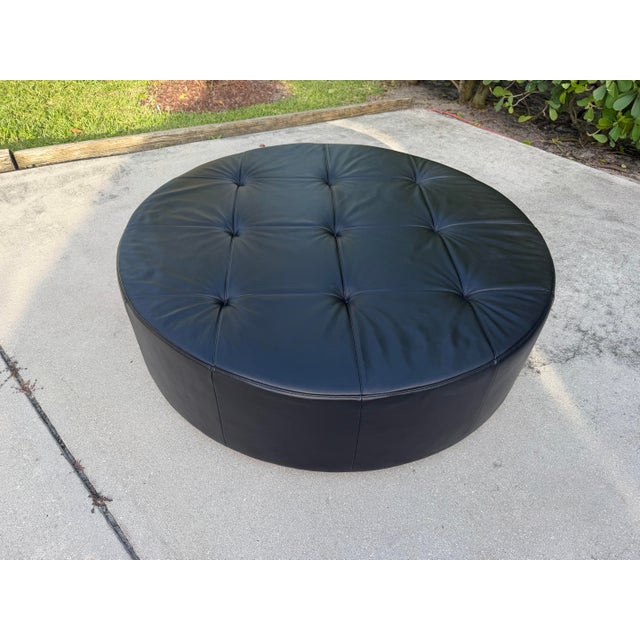 Poltrona Frau Cubo D120 Black Pelle Leather Round Ottoman on Casters For Sale - Image 10 of 12