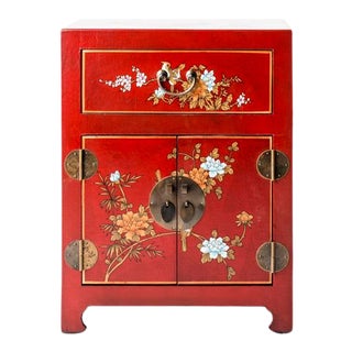 Asian Shanxi Hand Painted Motif Red Nightstand For Sale