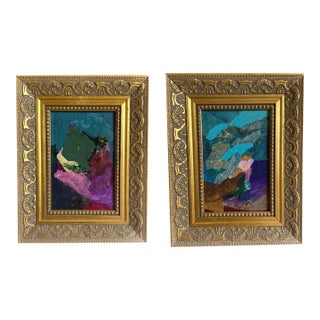 "Jeweled Sky" Pair of Mini Paintings With Vintage Frames by Jessalin Beutler For Sale