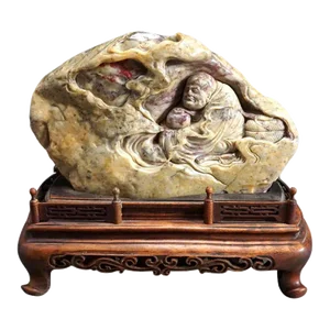 Chinese Chicken Blood Stone Carving of Bodhidharma on Wood Stand