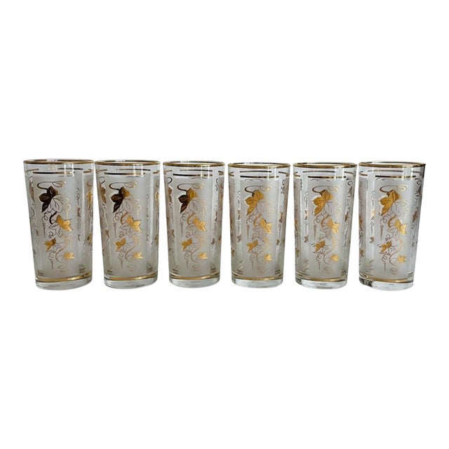 Vintage Libbey 22k Gold Leaf Ivy Highball Glasses-Set of 6-Mid Century Barware For Sale