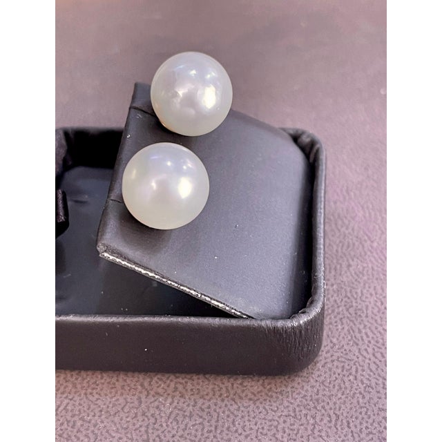 13 MM White South Sea Pearl Stud Earrings 14 Karat Yellow Gold For Sale In New York - Image 6 of 8