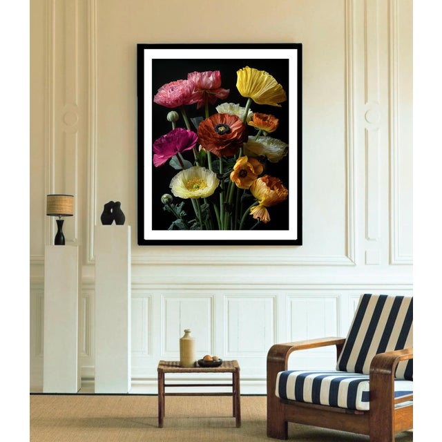 This photograph showcases a bouquet of delicate, vibrant poppies in various shades of white, red, yellow, and pink, set...