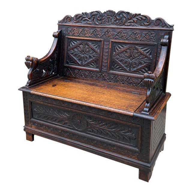 Antique English Bench Chair Settee Hall Bench Renaissance Revival Oak ...