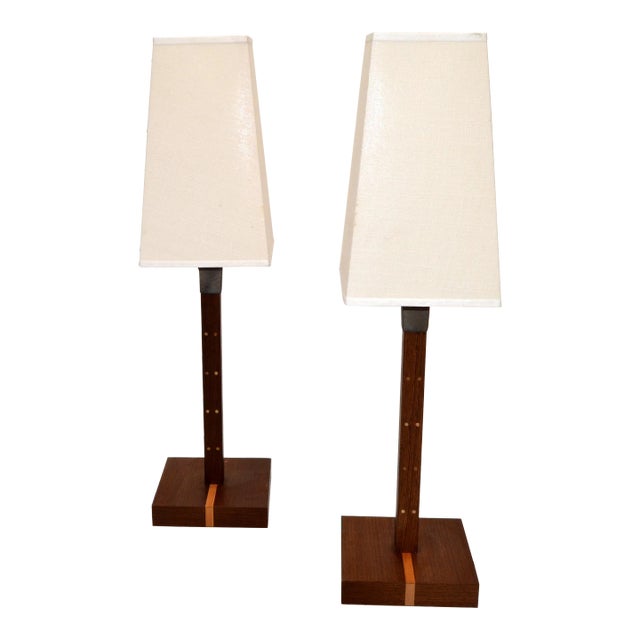 Pair, Ida Table Lamp Wenge Wood & Bronze Signed Romeo Sozzi for Promemoria Italy For Sale