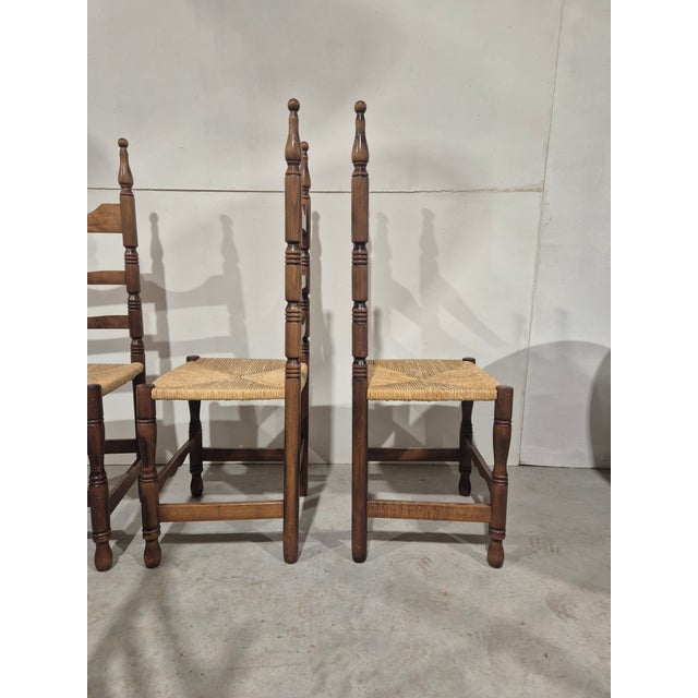 Vintage Rustic Wooden Chairs with Rush Seat, 1960s, Set of 4 For Sale - Image 6 of 7