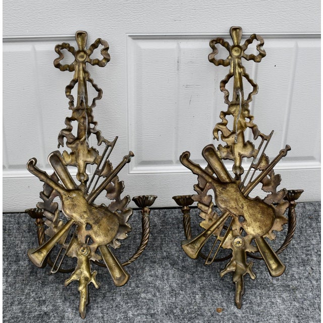 French Pair Brass Sconces Large Ornate Music Wall Violin Candle Holders 40s For Sale - Image 10 of 17