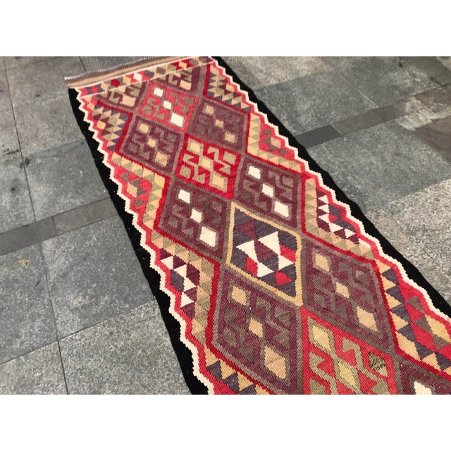 Red 1960s Vintage Handmade Turkish Kilim Rug- 2′9″ × 11′7″ For Sale - Image 8 of 11