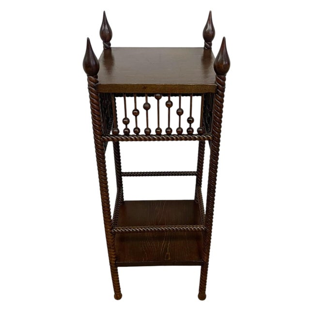 Vintage Barley Twist Wood Plant Stand / Side Table With Turned Spindle Gallery and Finials For Sale - Image 4 of 10