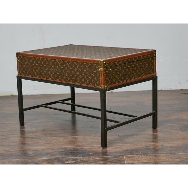Coffee Vintage Louis Vuitton Trunk Made into Coffee Table with Custom Base For Sale - Image 8 of 12