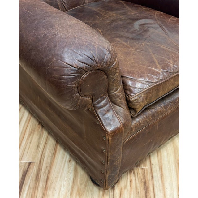 Vintage Restoration Hardware Leather Churchill Cigar Chair and Ottoman With Nailheads For Sale - Image 11 of 18