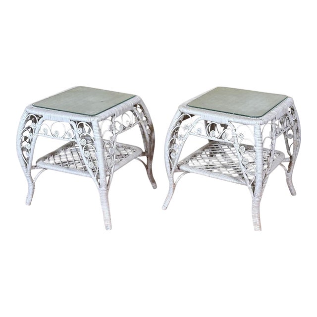 Vintage Boho Chic White Wicker Scrolled Side Tables With Glass Tops - A Pair For Sale