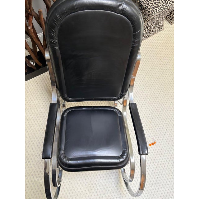 Hollywood Regency 1970s Hollywood Regency Chrome & Black Leather Scroll Rocking Chair, Manner of Maison Jansen For Sale - Image 3 of 7