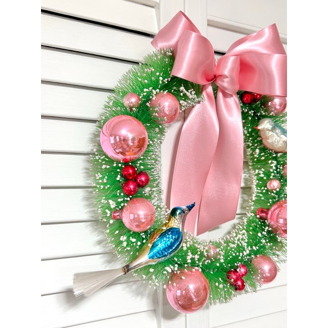 English One-of-a-Kind Christmas Wreath With Vintage Mercury Glass Birds & Pink Ornaments For Sale - Image 3 of 7