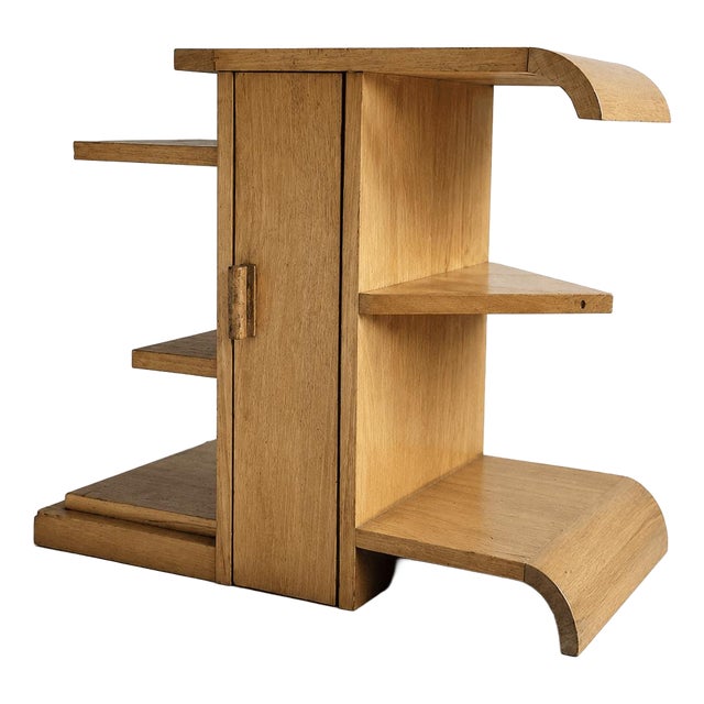 Modernist French Architectural Blonde Mahogany Side Table and Pedestal Cabinet, 1930s For Sale