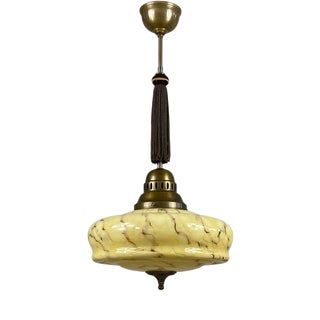 Art Deco Marbled Opaline Glass and Brass Pendant, Germany, 1930s For Sale