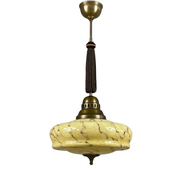 Art Deco Marbled Opaline Glass and Brass Pendant, Germany, 1930s For Sale