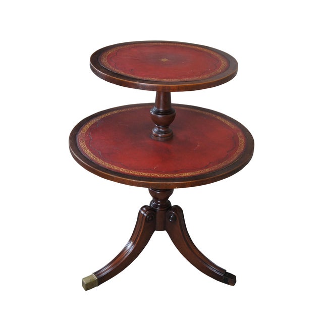 Traditional Mid Century Regency Style Mahogany Tooled Leather Top Dumbwaiter Side Table For Sale - Image 3 of 12