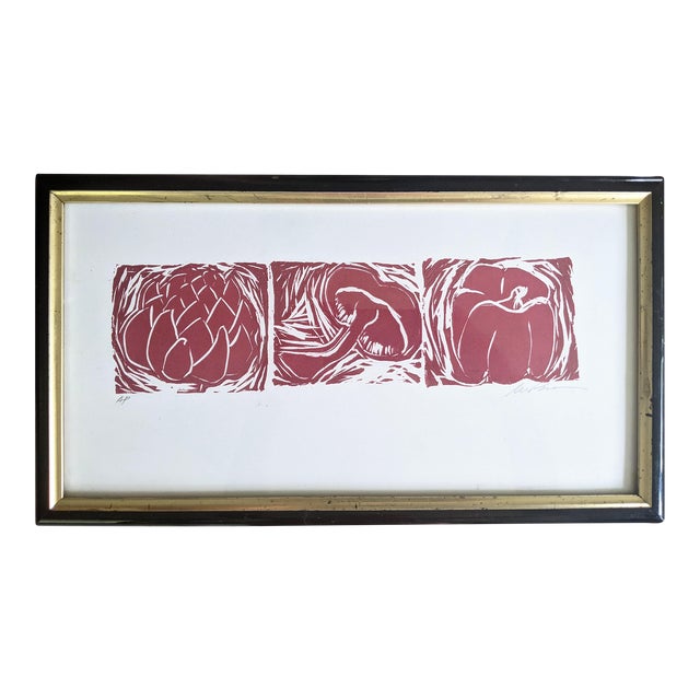 Vintage Block Print Vegetable Food Painting Framed and Signed For Sale