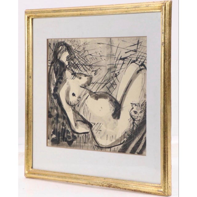 Wood Mid 20th Century Expressionist Ink Painting of Figure and Cat by Kazimierz Podsadecki For Sale - Image 7 of 7