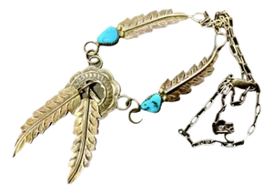 Mid 20th Century Native American Navajo Feather and Turquoise Sterling Silver Necklace, Signed MD