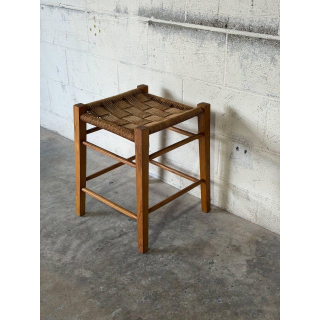 Mid-Century Modern Oak Stool With Woven Cord Seat Rustic Scandinavian Vintage Mid-Century Modern 1970s For Sale - Image 3 of 10