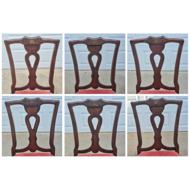 Wood Mid-20th Century Lane Rustic Floral Paint Decorated Walnut Dining Chairs, Set of 6 For Sale - Image 7 of 18