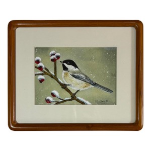 Original Watercolor Painting Winter Chickadee and Berries