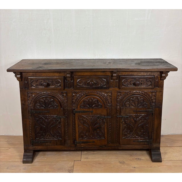 Wood Spanish Carved Oak Sideboard Cabinet with Three Doors and Drawers, 1860s For Sale - Image 7 of 13