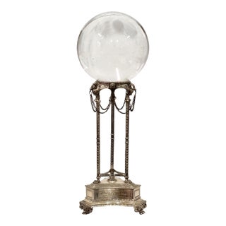 Large Crystal Glass Ball on Empire Style Silver Plate Tripod Stand For Sale