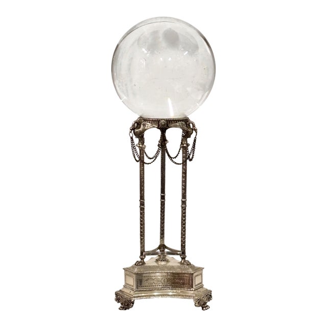 Large Crystal Glass Ball on Empire Style Silver Plate Tripod Stand For Sale