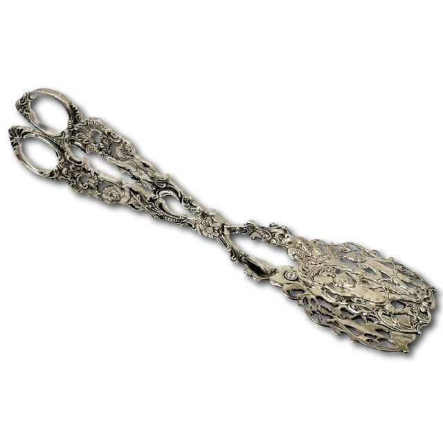 Early 20th Century Fancy Antique Signed Peruzzi Italy Rococo Style Solid 800 Grade Coin Silver Pastry - Cannoli Serving Tongs For Sale - Image 5 of 12