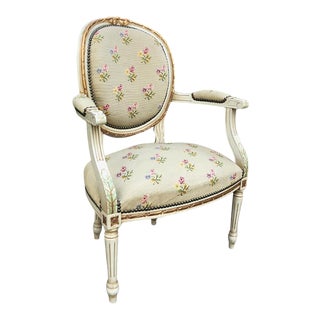 19th Century French Louis XVI Painted Needlepoint Armchair For Sale