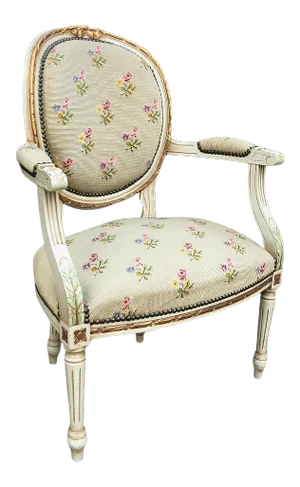 19th Century French Louis XVI Painted Needlepoint Armchair