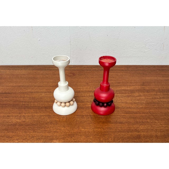 Mid-Century Modern Red and White Wooden Candleholders from Aarikka, 1960s, Set of 2, in Very Good conditions. Designed...