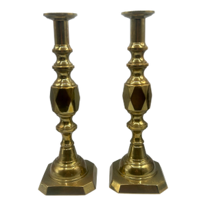 Antique English Brass "Ace of Diamonds" Diamond Jubilee Candlesticks, Pair, C. 1887