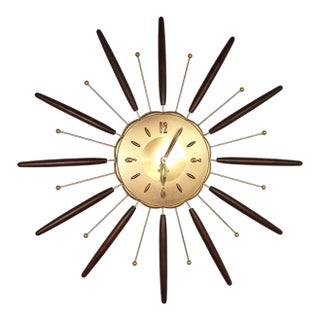 Vintage Robert Shaw Lux Starburst Wall Clock Walnut Wood Gold Mid Century Modern Atomic Retro 60's 70's For Sale