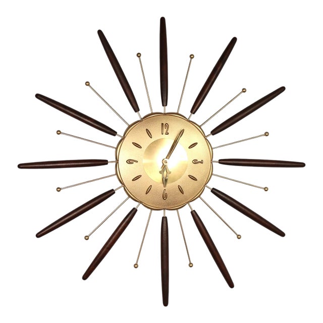 Vintage Robert Shaw Lux Starburst Wall Clock Walnut Wood Gold Mid Century Modern Atomic Retro 60's 70's For Sale