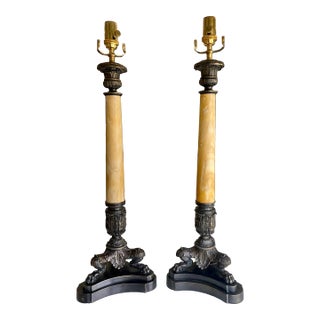 Pair Bronze Empire Lion Paw Alabaster Table Lamps For Sale